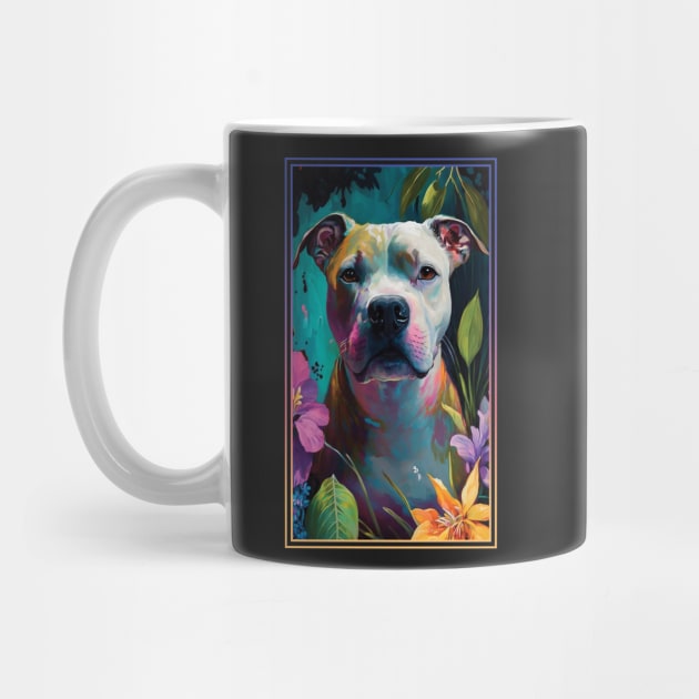 American Staffordshire Terrier Pitbull Vibrant Tropical Flower Tall Digital Oil Painting Portrait  5 by ArtHouseFlunky